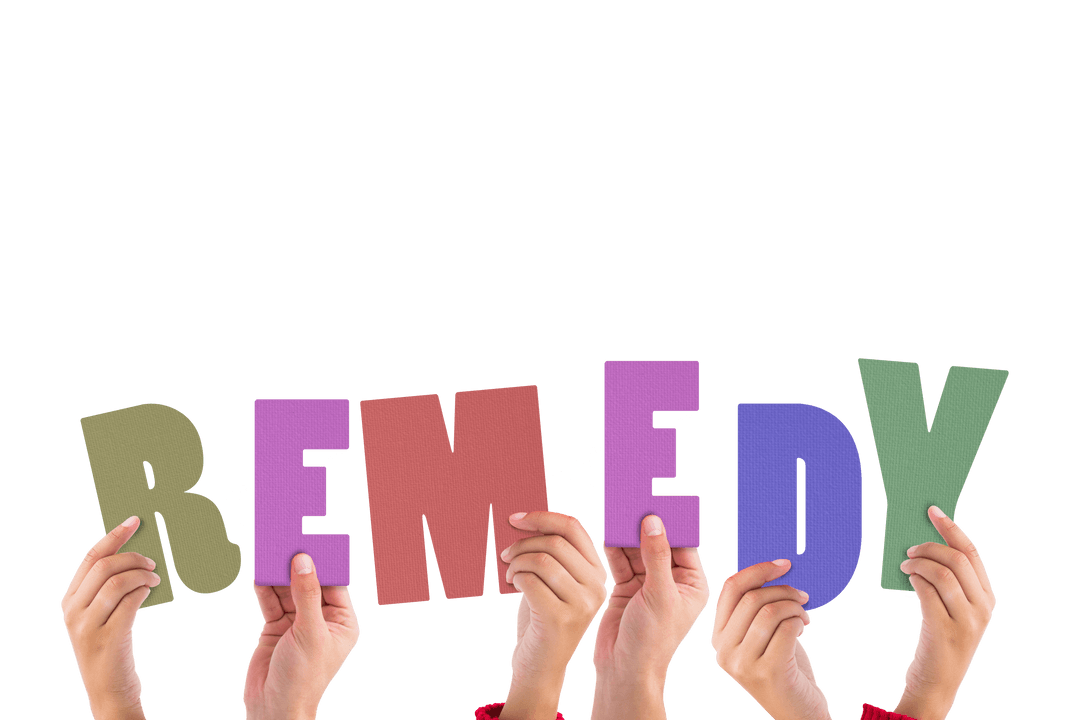 Hands Holding 'REMEDY' Letters on Transparent Background