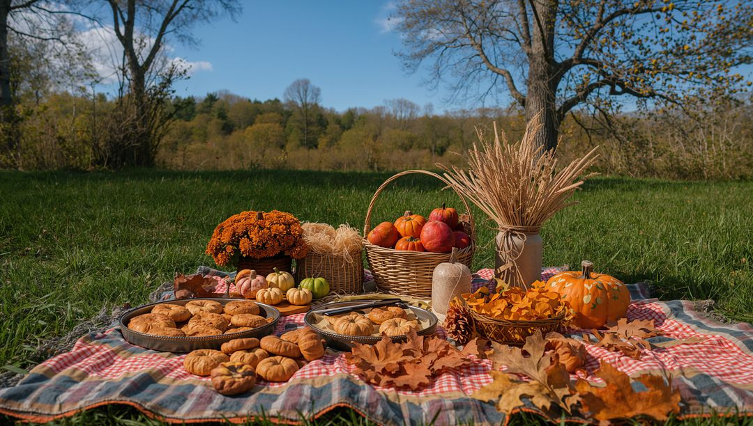 Autumn Picnic Display with Baked Goods in Meadow Setting