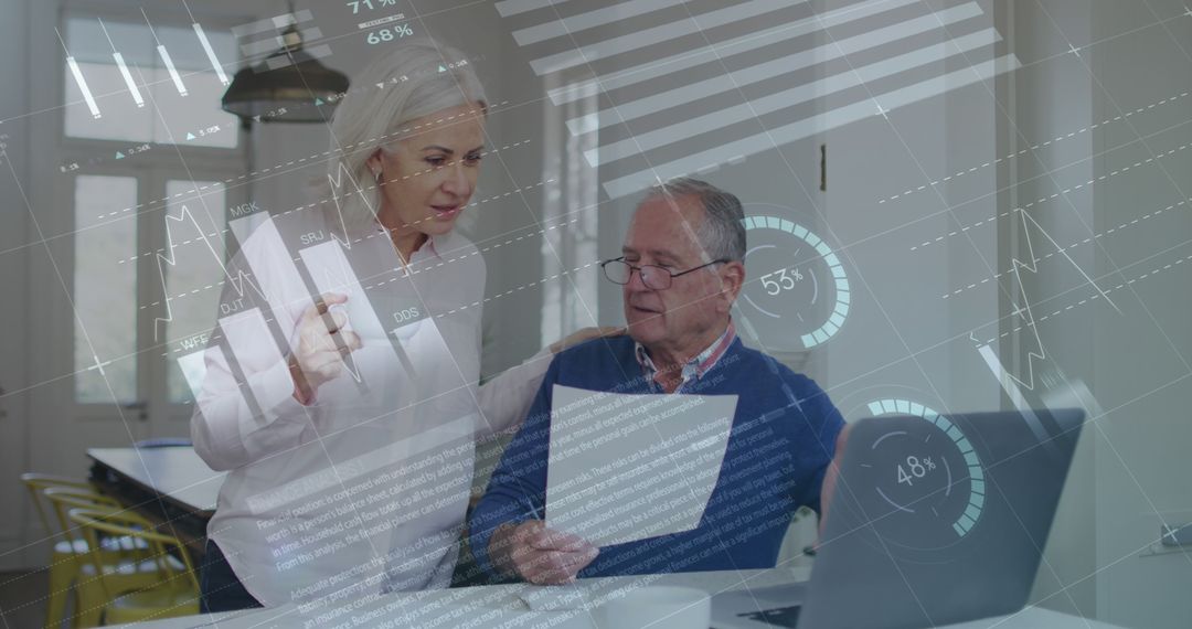 Senior Couple Analyzing Data with Technology Interface Overlay