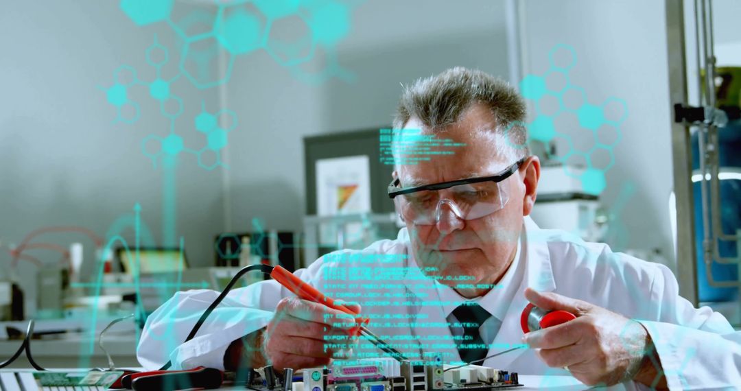 Senior Scientist Testing Circuit Board with Futuristic Interface