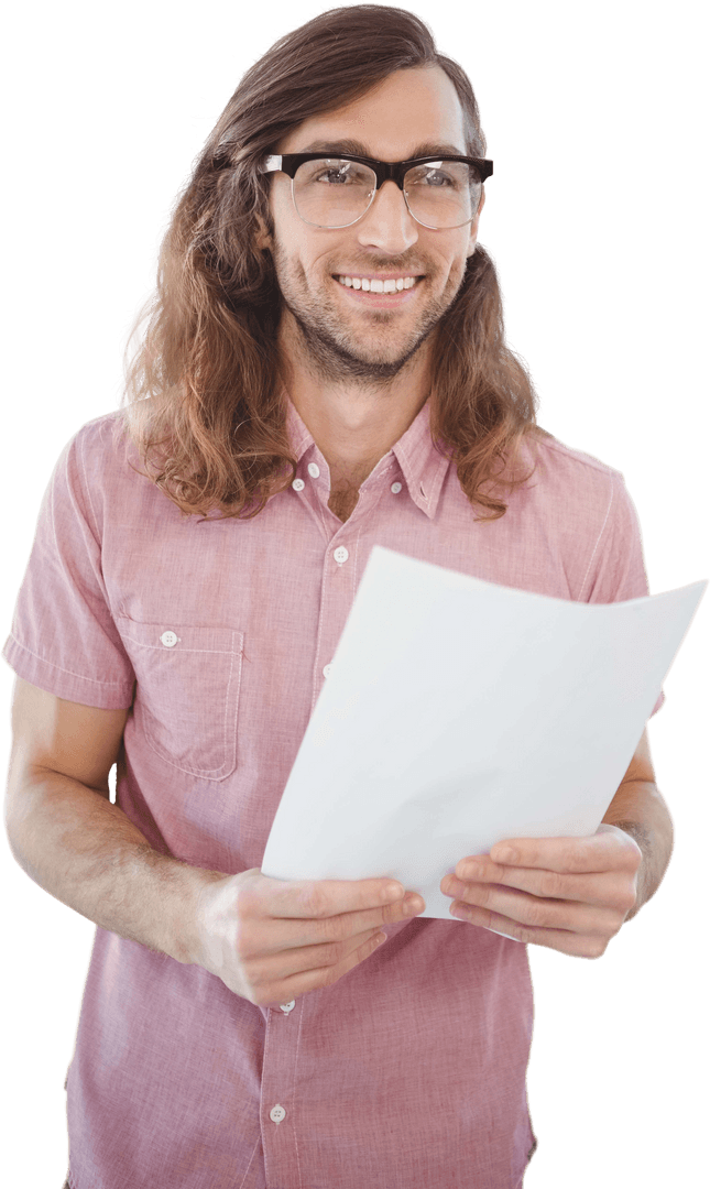 Transparent Hipster Professional Holding Document Smiling Joyfully