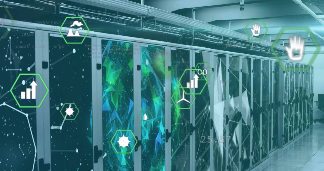 High-Tech Data Processing in Server Room with Futuristic Infographics
