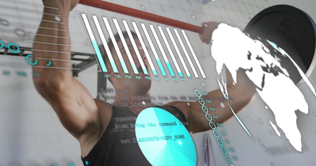 Man Lifting Weights Amid Digital Data Visualizations