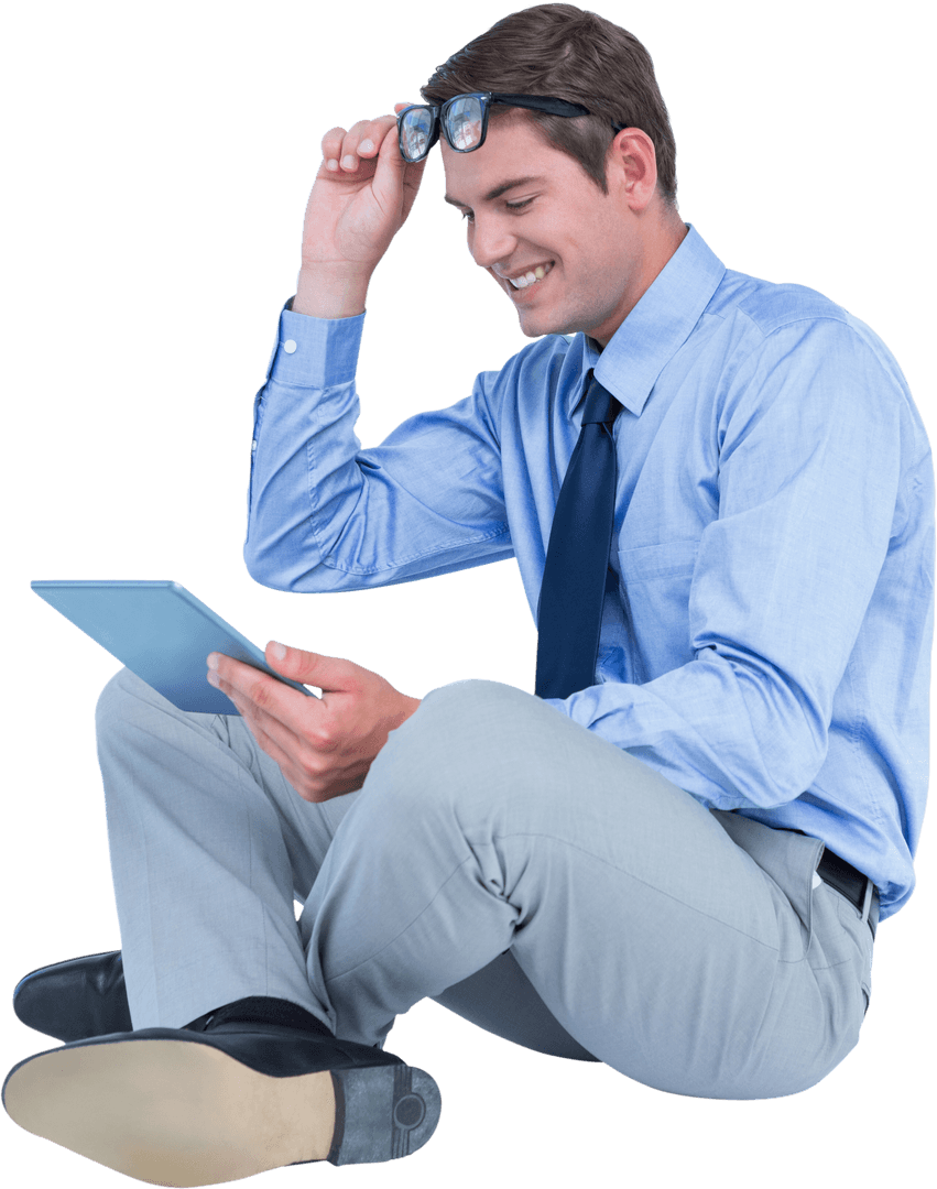 Transparent Man Seated Holding Tablet Smiling