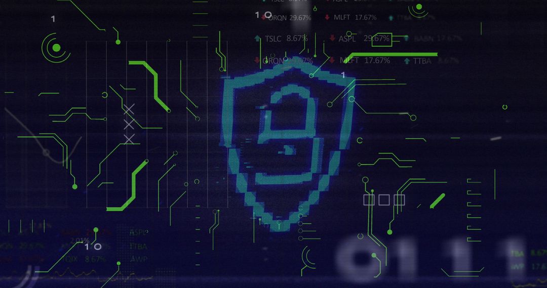 Digital Security Shield with Circuit Patterns on Futuristic Screen