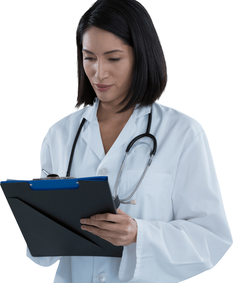Transparent Female Doctor Writing on Clipboard with Stethoscope