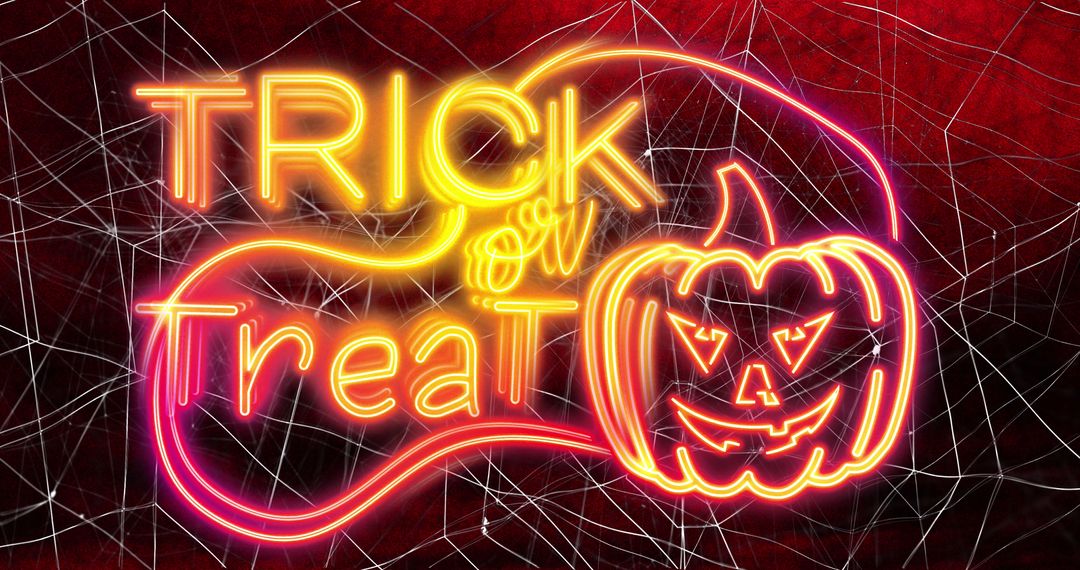 Neon Trick or Treat Sign with Pumpkin on Red Spider Web Background