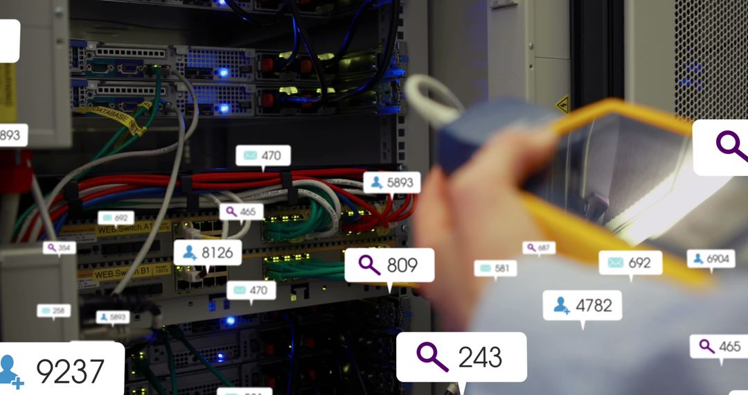 Technician Analyzing Server with Social Media Metrics Interface