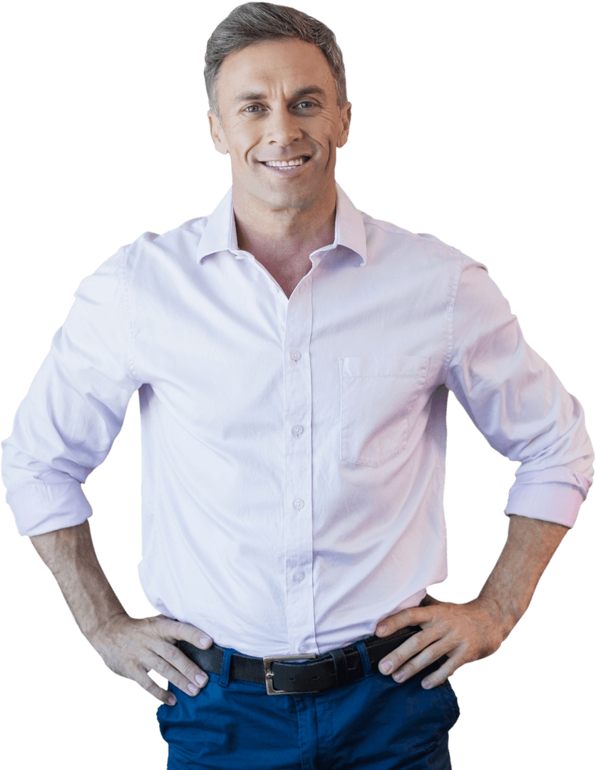 Smiling Businessman Standing with Hands on Hips Transparent Background