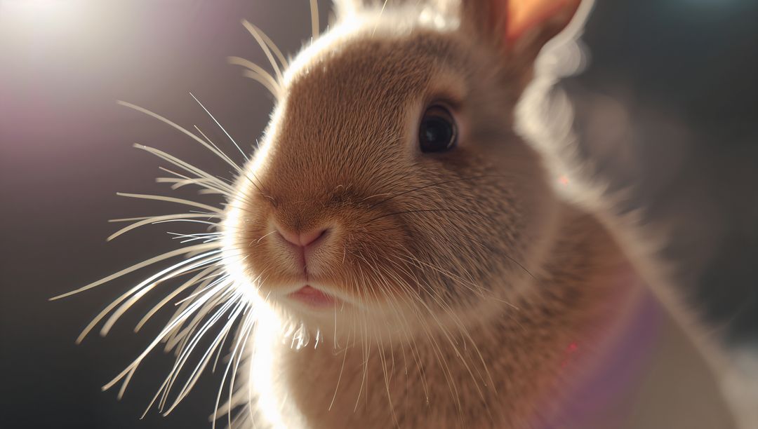Backlit Baby Rabbit Close-Up with Whiskers and Glossy Eye, Soft Bokeh Rimlight, Macro