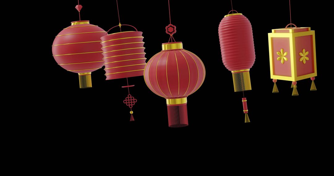 Chinese Red Lanterns Hanging on Black Background with Copy Space
