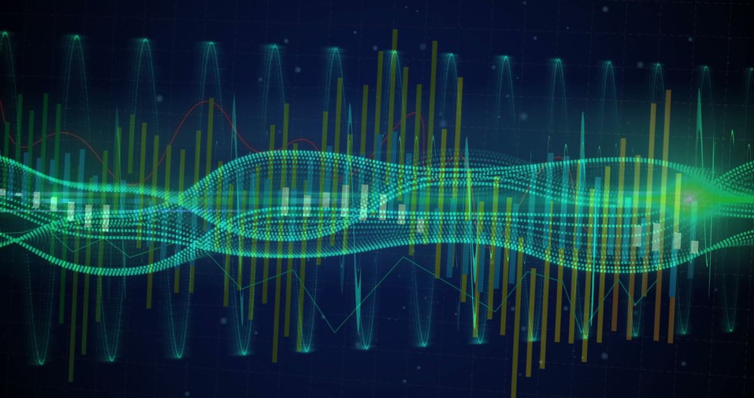 Digital Sound Wave with Frequency Bars on Dark Blue Background