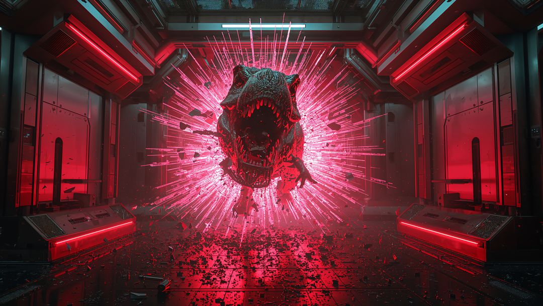 T-Rex Skeleton Erupting Through Sci-Fi Portal in High-Tech Lab