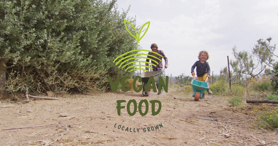 Children Walking on Rural Path Promoting Locally Grown Vegan Food