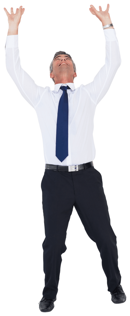 Businessman in Professional Attire with Raised Hands on Transparent Background