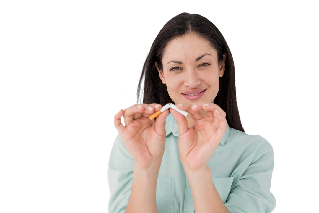 Smiling Woman Breaking Cigarette Transparent Anti-Smoking Campaign - Download Free Stock Images Pikwizard.com