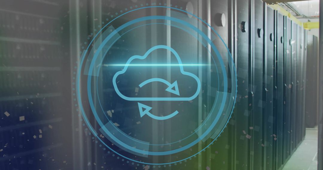 Digital Cloud Icon Overlaying Data Servers in Modern Data Center