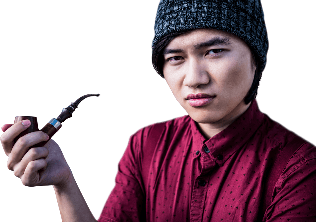 Thoughtful Asian Man Holding Smoking Pipe on Transparent Background
