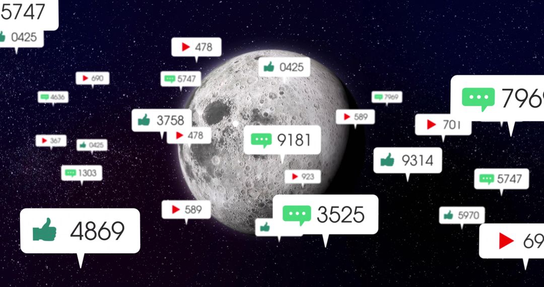 Cratered Moon Floating with Digital Social Media Notifications