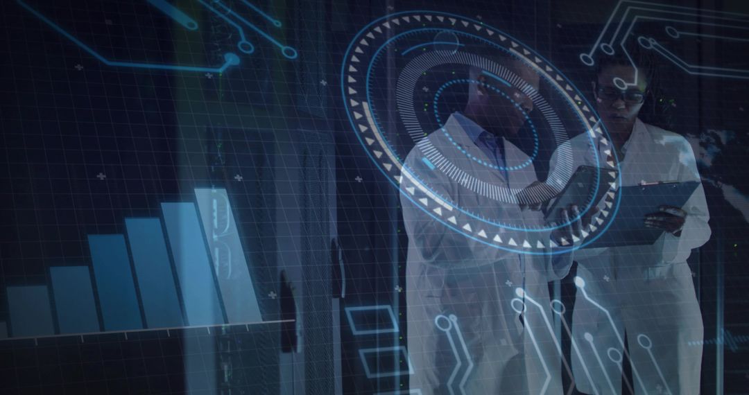 Scientists Analyzing Holographic Interface in Futuristic Laboratory Using Tablet