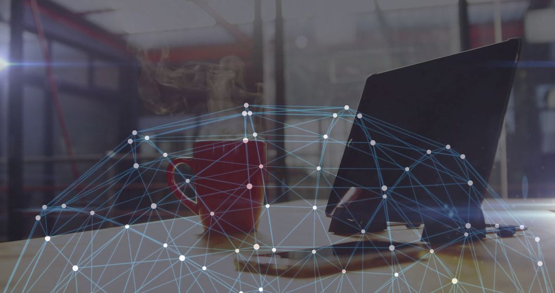 Modern Office with Technology Overlay Symbolizing Innovation and Connectivity