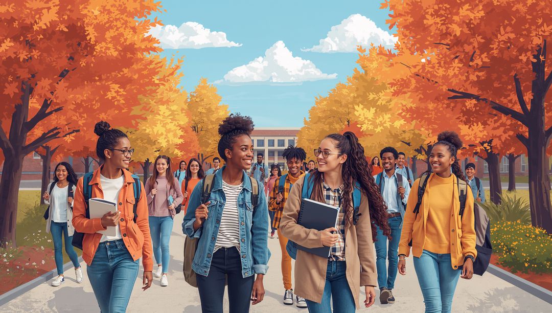Students Walking on University Campus During Vibrant Autumn Day