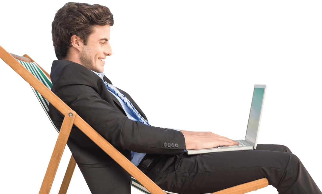 Transparent Businessman Relaxing on Deck Chair Using Laptop