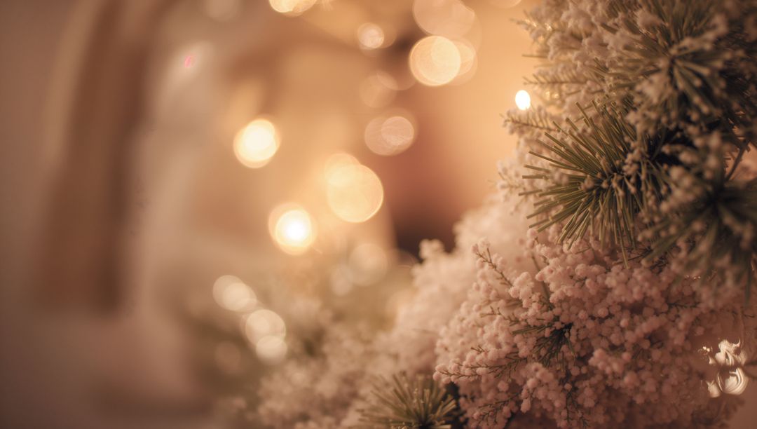 Snow-Flocked Evergreen Garland Glowing with Warm Bokeh Lights for Cozy Holiday Ambience