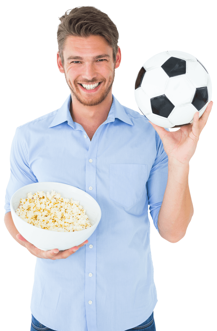 Smiling Man with Soccer Ball and Popcorn Transparent Background