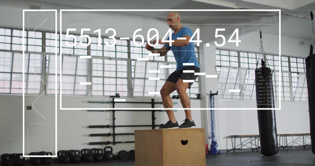 Athlete Doing Box Jumps in Gym with Data Visualization Overlay