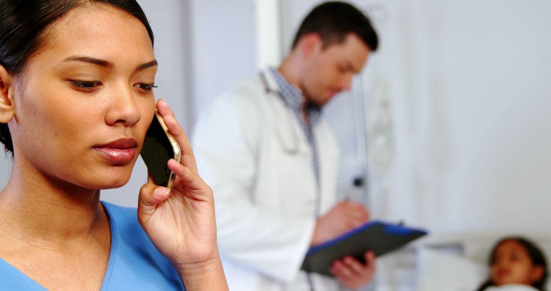 Nurse Taking Patient Information Over Phone in Hospital Room - Free Images, Stock Photos and Pictures on Pikwizard.com