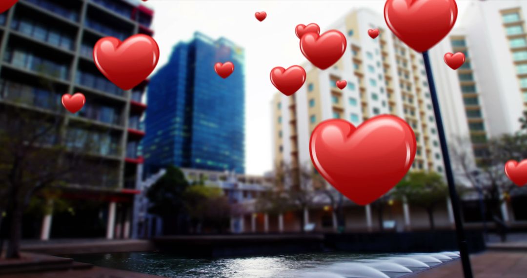 Floating Hearts Over Modern Cityscape Symbolizing Connectivity
