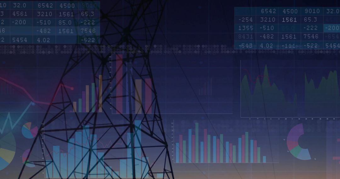 Transmission Tower with Overlaid Data Charts at Dusk