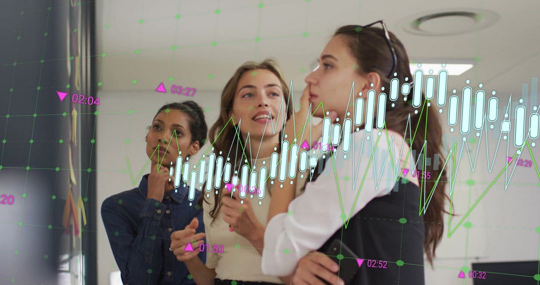 Diverse Female Colleagues Brainstorming with Digital Analytics Overlay