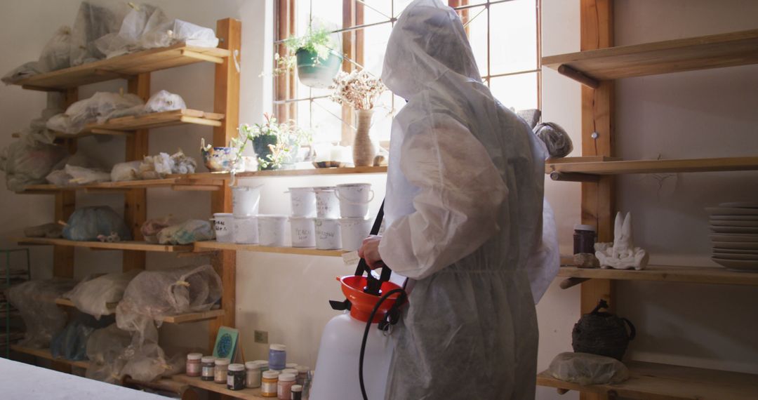 Worker Sanitizing Ceramic Studio with Protective Gear and Spray Equipment - Free Images, Stock Photos and Pictures on Pikwizard.com