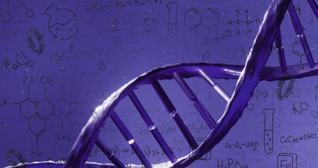 Illuminated DNA Strand with Chemistry Formulas on Blue Background