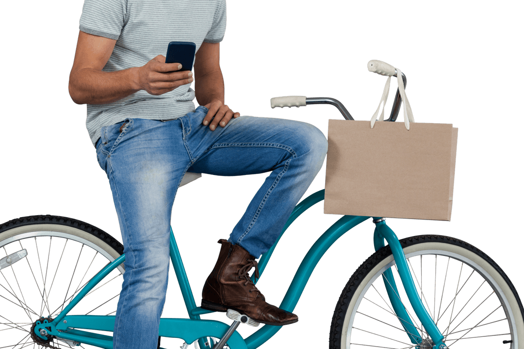 Transparent Background Man Biking and Using Phone