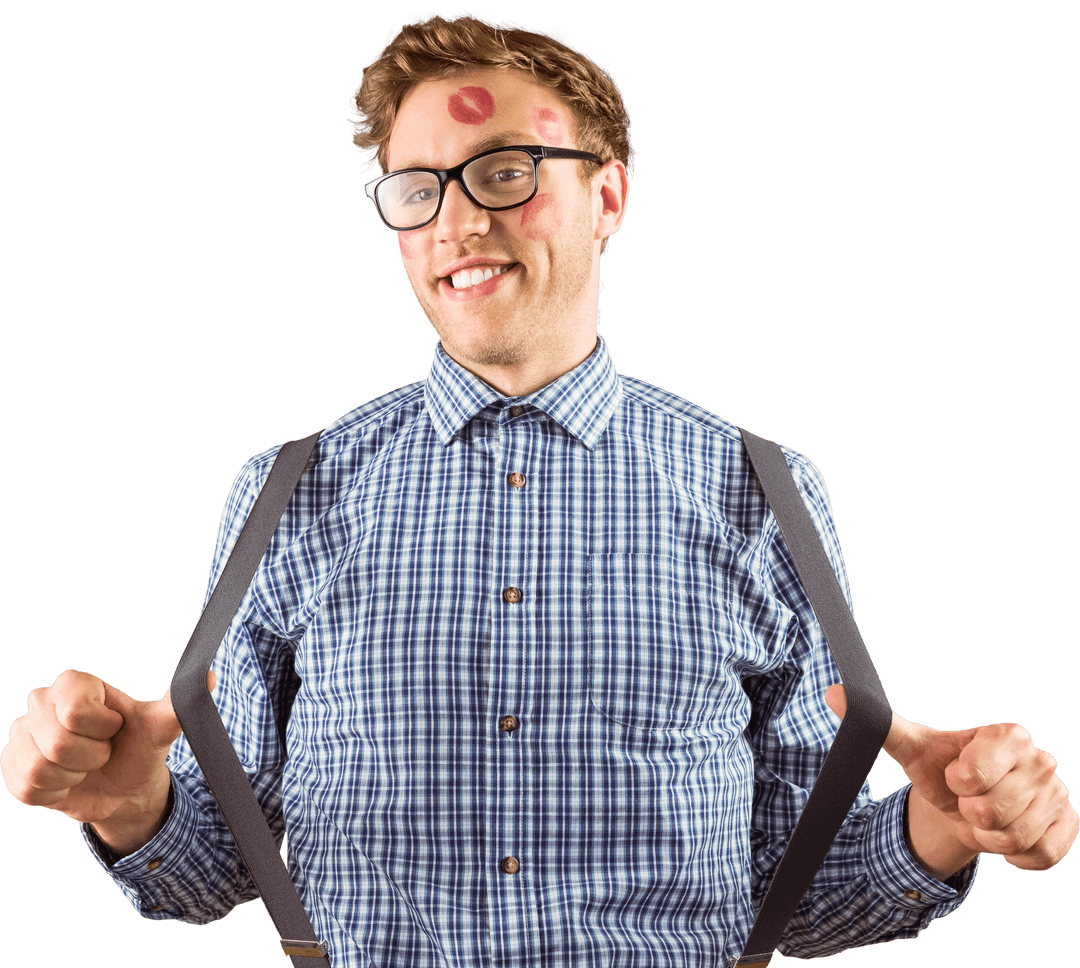 Happy Hipster with Playful Kiss Marks on Transparent Background