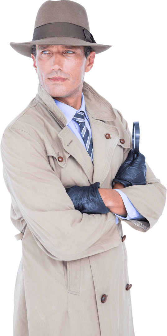Mysterious Detective with Magnifying Glass on Transparent Background