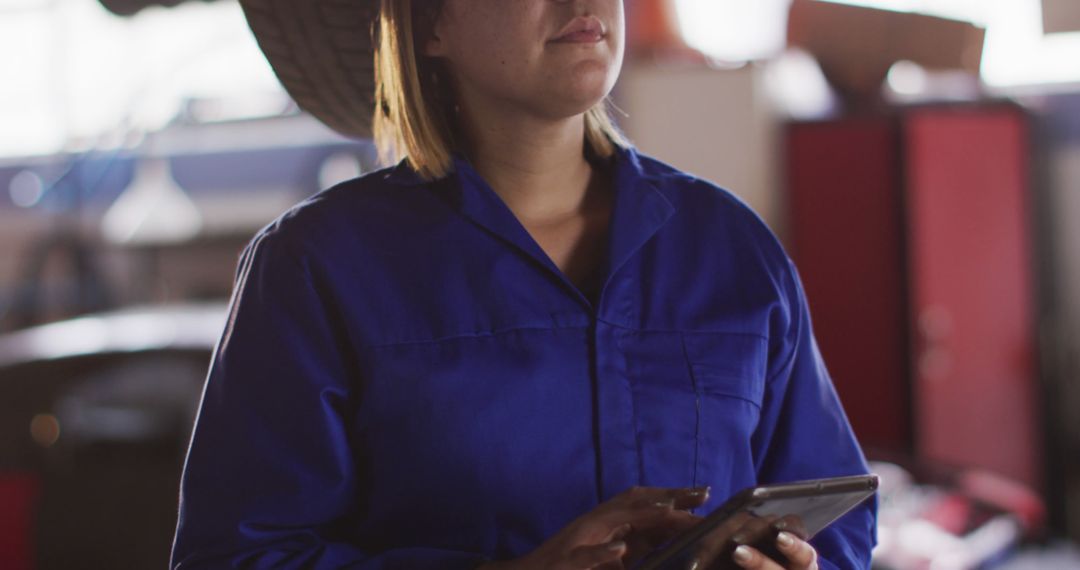 Female Mechanic Using Digital Tablet in Auto Repair Workshop - Free Images, Stock Photos and Pictures on Pikwizard.com