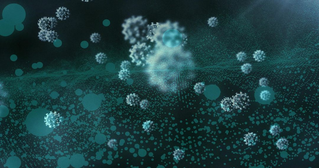 Floating spiky viral particles drifting through teal aerosol field with bokeh glow and depth