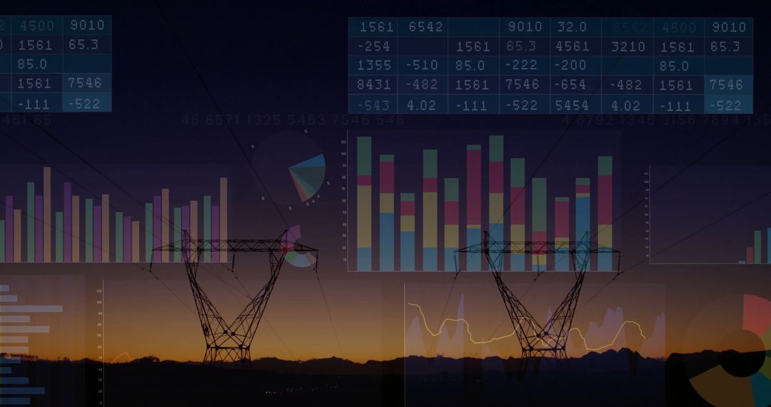 Power Grid at Dusk with Data Visualizations and Bar Charts