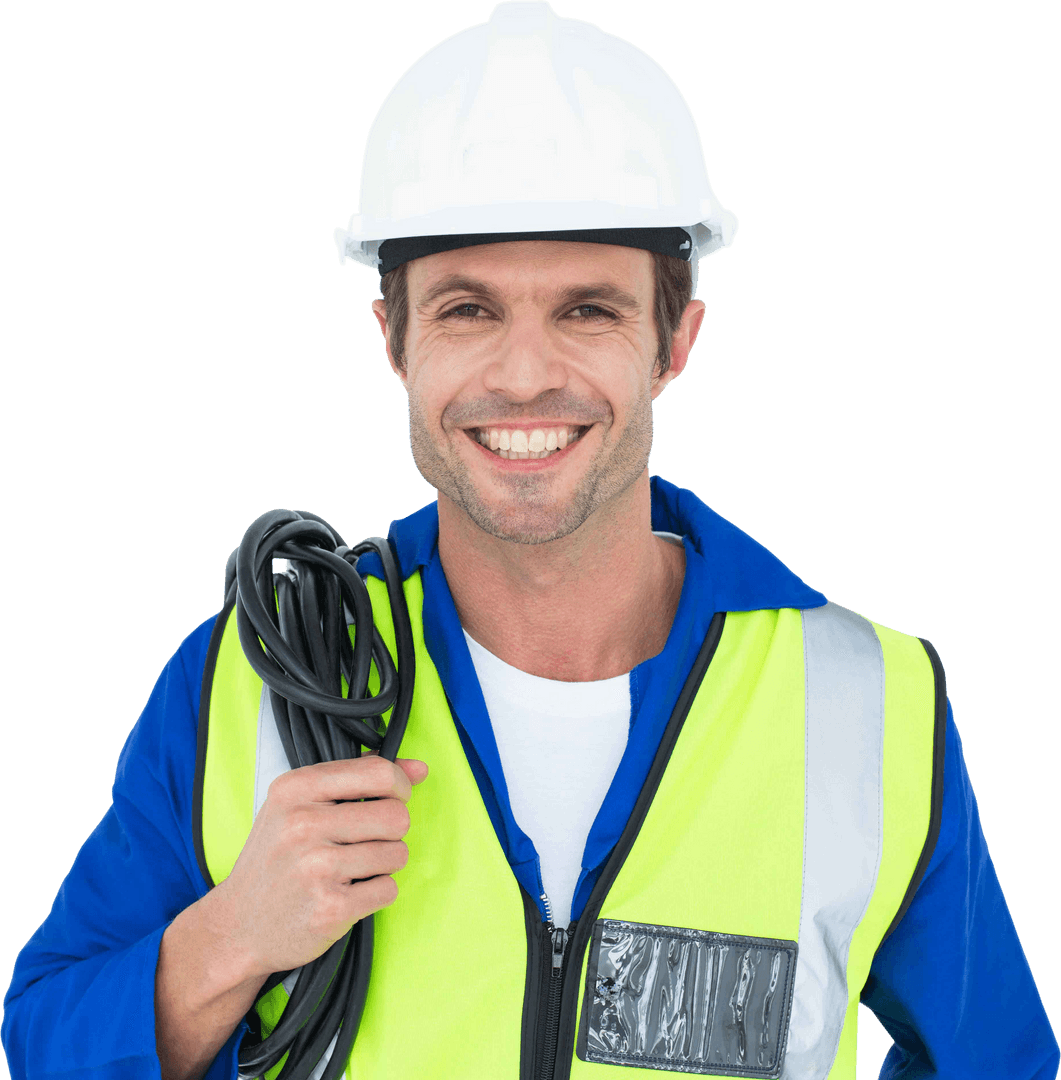Transparent Smiling Electrician Holding Cable in Safety Gear