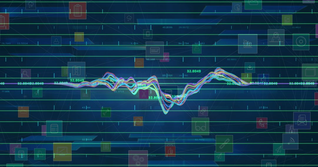 Digital data analytics with icons and vibrant graphs