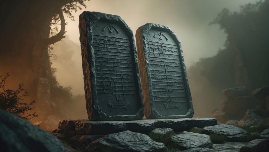 Misty clearing with ancient stone tablets standing tall, ten commandments concept