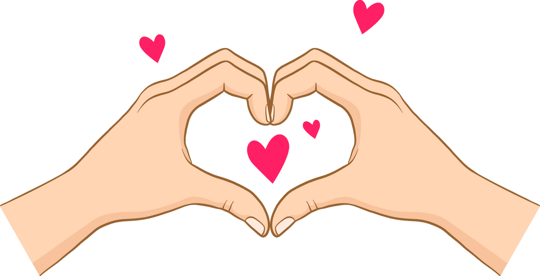 Hands Forming Heart Shape with Pink and Red Hearts on Transparent Background