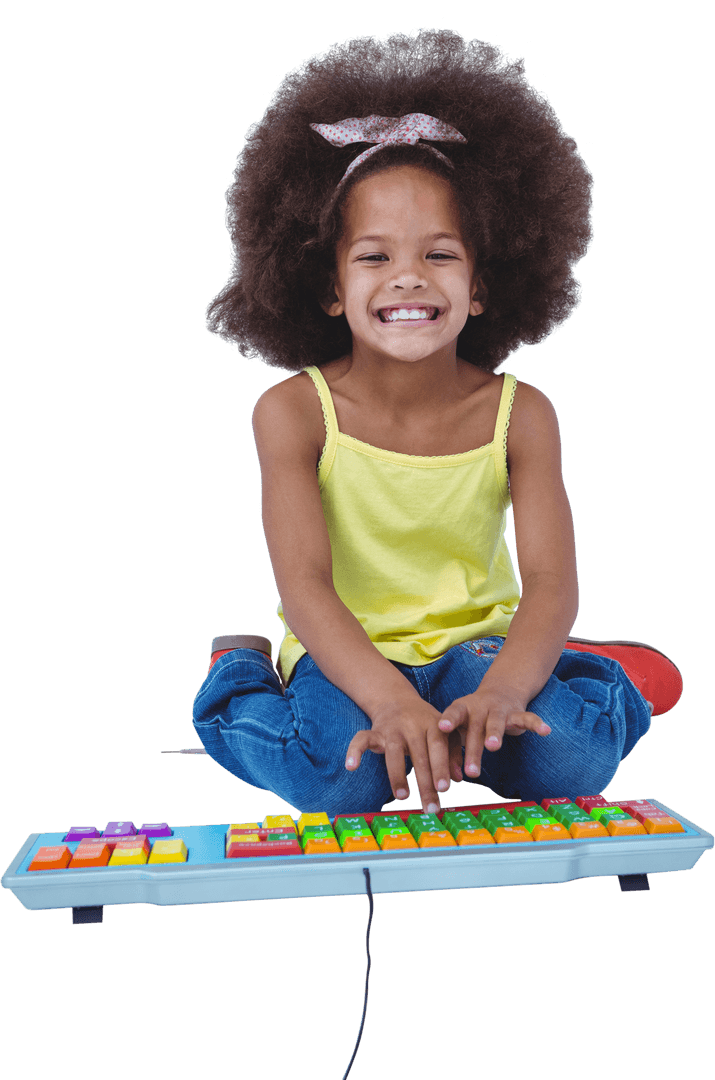 Cheerful Girl Using Colorful Large keyboard