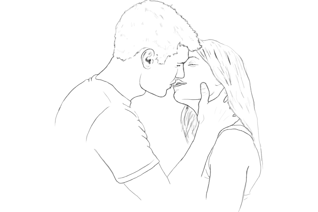 Romantic Couple Kissing in Elegant Line Art on Transparent Background