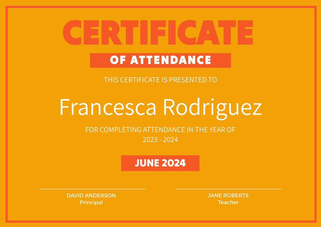 Orange And Red Certificate Of Attendance With Bold Header - Download Free Stock Templates Pikwizard.com