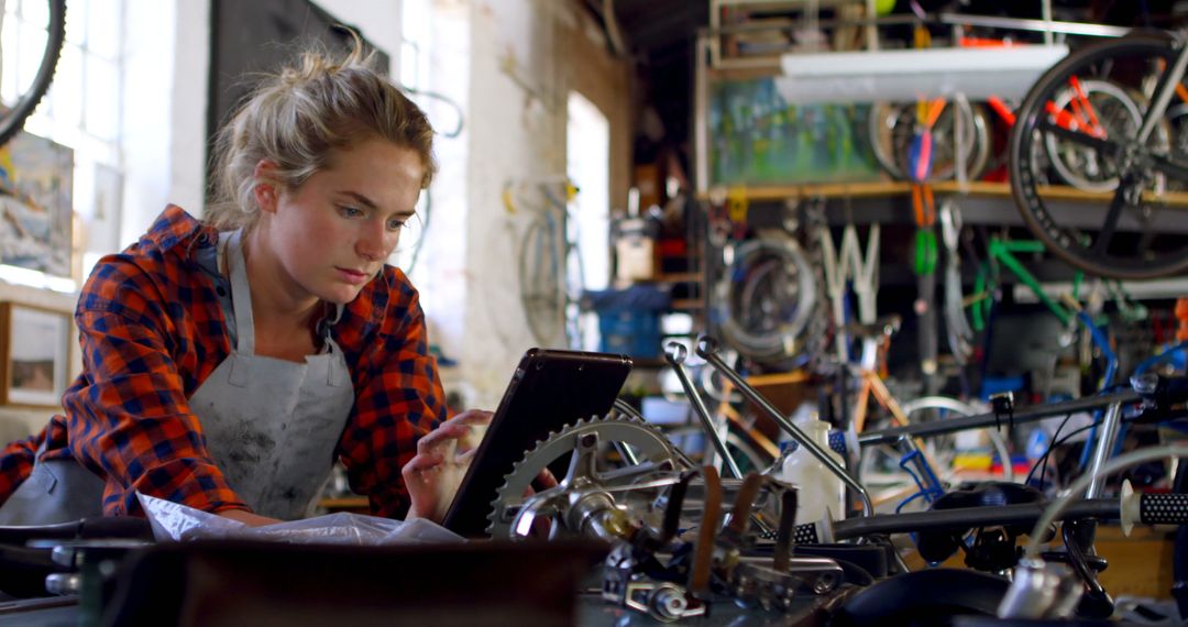 Female Bicycle Mechanic Using Digital Tablet in Repair Shop - Free Images, Stock Photos and Pictures on Pikwizard.com